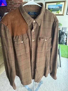 Ralph Lauren Brown Plaid Button-Down with Suede Shoulder